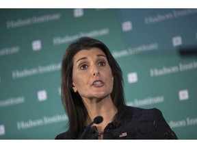 FILE - In this Dec. 3, 2018 file photo, U.S. Ambassador Nikki Haley speaks during the Hudson Institute's 2018 Award Gala in New York. St. Martin's Press announced Wednesday, April 10, 2019, that Haley's book, currently untitled, will come out this fall. According to the publisher, Haley will write about serving as the country's ambassador to the United Nations in 2017-2018 and her six years before that as governor.