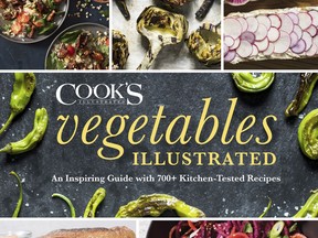 This image provided by America's Test Kitchen in April 2019 shows the cover for the cookbook "Vegetables Illustrated." It includes a recipe for Pea Green Salad with Warm Apricot-Pistachio Vinaigrette. (America's Test Kitchen via AP)