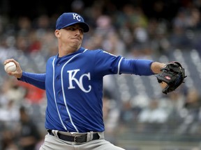 Kansas City Royals relief pitcher Heath Fillmyer throws a pitch to New York Yankees' Aaron Judge during the first inning of a baseball game, Saturday, April 20, 2019, in New York.