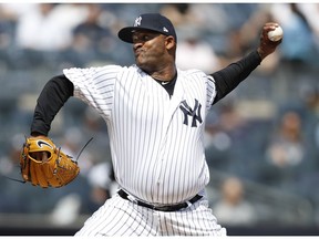 New York Yankees starting pitcher CC Sabathia throws during the first inning of a baseball game against the Chicago White Sox, Saturday, April 13, 2019, in New York.