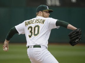 Oakland Athletics starting pitcher Brett Anderson works in the first inning of a baseball game against the Boston Red Sox, Thursday, April 4, 2019, in Oakland, Calif.