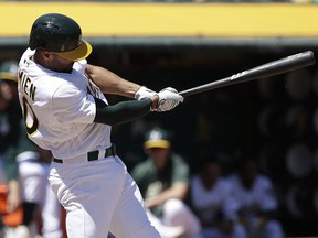 Oakland Athletics' Marcus Semien hits a three-run home run against the Texas Rangers during the second inning of a baseball game in Oakland, Calif., Wednesday, April 24, 2019.
