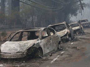 FILE - This Nov. 9, 2018, file photo the burned out hulks of cars abandoned by their drivers sit along a road in Paradise, Calif. The scale of disaster in the Camp Fire was unprecedented, but the scene of people fleeing wildfire was familiar, repeated numerous times over the past three years up and down California from Redding and Paradise to Santa Rosa, Ventura and Malibu.