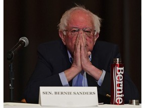 Sen. Bernie Sanders, I-Vt., sits before speaking at an Ohio workers town hall meeting, Sunday, April 14, 2019, in Warren, Ohio.