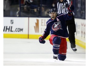 Columbus Blue Jackets' Cam Atkinson celebrates his goal against the Tampa Bay Lightning during the third period of Game 3 of an NHL hockey first-round playoff series, Sunday, April 14, 2019, in Columbus, Ohio. The Blue Jackets beat the Lightning 3-1.