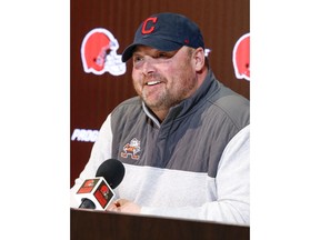 Cleveland Browns head coach Freddie Kitchens answers questions during a news conference Monday, April 1, 2019, in Berea, Ohio.