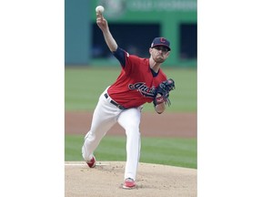 Cleveland Indians starting pitcher Shane Bieber delivers in the first inning of a baseball game against the Atlanta Braves, Sunday, April 21, 2019, in Cleveland.