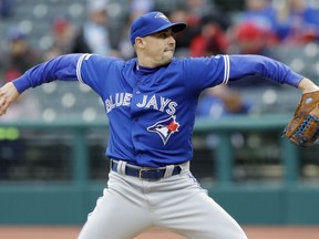 Toronto Blue Jays starting pitcher Aaron Sanchez delivers in the first inning of a baseball game against the Cleveland Indians, Thursday, April 4, 2019, in Cleveland.
