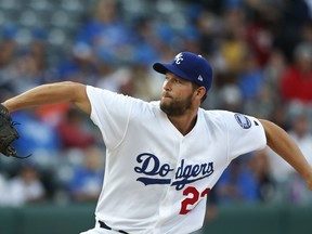 Los Angeles Dodgers' Clayton Kershaw pitches for the Oklahoma City Dodgers on a rehab assignment, in the first inning of the team's Triple-A baseball game against the San Antonio Missions on Thursday, April 4, 2019, in Oklahoma City.