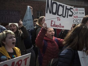Students from a Toronto high school stage a walkout on Thursday, April 4, 2019. Students across Ontario staged a walkout to protest against changes to the province's education system.
