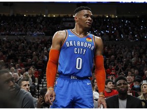 Oklahoma City Thunder guard Russell Westbrook interacts with the crowd during the first half of Game 1 of a first-round NBA basketball playoff series against the Portland Trail Blazers in Portland, Ore., Sunday, April 14, 2019.