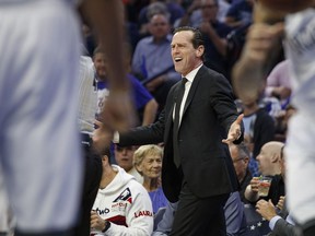 Brooklyn Nets head coach Kenny Atkinson reacts on the sidelines during the first half in Game 5 of a first-round NBA basketball playoff series against the Philadelphia 76ers, Tuesday, April 23, 2019, in Philadelphia.