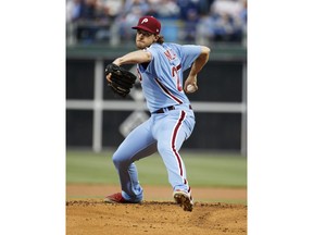 Philadelphia Phillies starting pitcher Aaron Nola throws a pitch during the first inning of a baseball game against the Miami Marlins, Thursday, April 25, 2019, in Philadelphia.