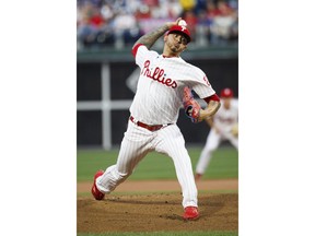 Philadelphia Phillies starting pitcher Vince Velasquez throws during the first inning of a baseball game against the Washington Nationals, Monday, April 8, 2019, in Philadelphia.