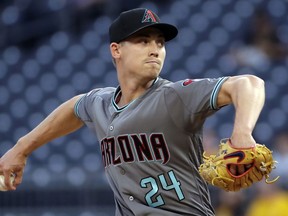 Arizona Diamondbacks starting pitcher Luke Weaver delivers in the first inning of a baseball game against the Pittsburgh Pirates in Pittsburgh, Tuesday, April 23, 2019.