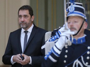 FILE - In this Jan.4, 2019 file photo, French Interior Minister Christophe Castaner, arrives at the Interior Ministry for the traditional New Year government breakfast in Paris. Foreign and interior ministers from the Group of Seven are gathering in France this week to try to find ambitious solutions to world security challenges. Putting a dampener on that are two glaring American absences: US Secretary of State Mike Pompeo and Homeland Security Secretary Kirstjen Nielsen.