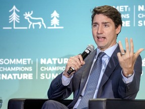 Prime Minister Justin Trudeau participates in a discussion at the Nature Champions Summit in Montreal on Thursday, April 25, 2019.