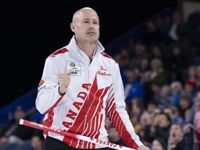 Canada skip Kevin Koe reacts to this shot during their game against the United States at the Men's World Curling Championship in Lethbridge, Alta. on Thursday, April 4, 2019.