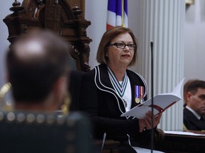 Lieutenant Governor, Judy Foote, reads the Speech from the Throne, at the Confederation Building in St. John's, N.L. on Thursday, April 4, 2019.