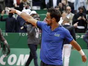 Italy's Fabio Fognini celebrates after defeating Serbia's Dusan Lajovic in the men's singles final match of the Monte Carlo Tennis Masters tournament in Monaco, Sunday, April, 21, 2019.
