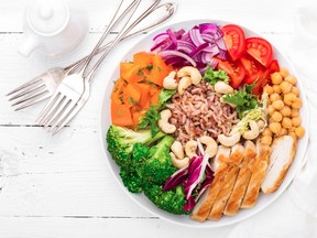 A plate of vegetables, beans and protein.