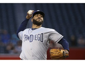 San Diego Padres starting pitcher Pedro Avila throws to an Arizona Diamondbacks batter during the first inning of a baseball game Thursday, April 11, 2019, in Phoenix.