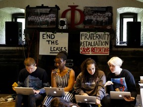 Swarthmore College students gather at the Phi Psi fraternity house during a sit-in, Monday, April 29, 2019, in Swarthmore, Pa. Students at the suburban Philadelphia college have occupied the on-campus fraternity house in an effort to get it shut down after documents allegedly belonging to Phi Psi surfaced this month containing derogatory comments about women and the LGBTQ community and jokes about sexual assault. (AP Photo)