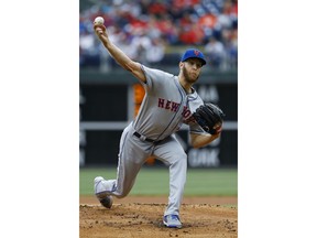 New York Mets' Zack Wheeler pitches during the first inning of a baseball game against the Philadelphia Phillies, Wednesday, April 17, 2019, in Philadelphia.