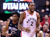 Toronto Raptors forward Kawhi Leonard heads up court during first half NBA basketball playoff action against the Orlando Magic in Toronto on April 23, 2019.