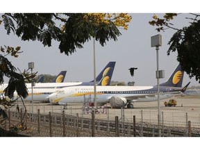 Jet Airways aircrafts are seen parked at Chhatrapati Shivaji Maharaj International Airport in Mumbai, Monday, April 15, 2019. India's ailing Jet Airways has drastically reduced operations amid talks with investors to purchase a controlling stake in the airline and help it reduce its mounting debt.