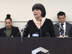 Middlesex District Attorney Marian Ryan speaks during a news conference announcing a plan to file a federal lawsuit against U.S. Immigration and Customs Enforcement, Monday, April 29, 2019, in Boston, over its policy of arresting people at courthouses on civil immigration matters. The announcement comes days after federal prosecutors charged a judge and former court officer in Newton, Mass., with obstruction of justice for allegedly helping a man wanted by federal immigration authorities escape a courthouse.