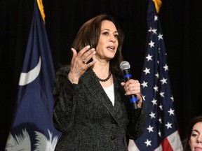 California Sen. Kamala Harris speaks ahead of round table discussion with teachers in Columbia, South Carolina, on Tuesday, April 30, 2019. The Democrat is discussing her proposal to increase teacher pay ahead of a rally in which thousands of South Carolina teachers are planning to rally at the Statehouse, seeking smaller class sizes, better pay and a guaranteed daily break.