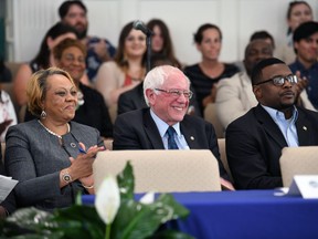 Sen. Bernie Sanders takes the stage ahead of a town hall with black lawmakers on Thursday, April 18, 2019, in Spartanburg, S.C. Ahead of the event, Sanders announced 2020 campaign endorsements from seven black South Carolina lawmakers, a show of force in state where black voters comprise more most of the Democratic primary electorate.