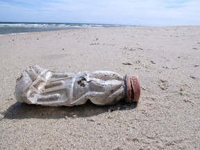 A discarded plastic bottle lies on the beach at Sandy Hook, N.J. on Tuesday, April 2, 2019, the same day as a report released by the environmental group Clean Ocean Action found that volunteers picked up more than 450,000 pieces of litter from New Jersey's coastline last year.