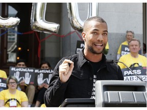 Actor Kendrick Sampson speaks in support of a proposed measure to limit the use of deadly force by police during a rally at the Capitol, Monday, April 8, 2019, in Sacramento, Calif. The bill, AB392, would require officers to use de-escalation tactics and allow the use of deadly force when it is necessary to prevent immediate harm to themselves or others. The measure faces heavy opposition from law enforcement organizations, which blocked a similar Senate-approved bill last year.