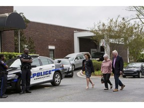 Friends and loved ones pay their respects during a visitation for former U.S. senator and South Carolina Gov. Ernest Frederick "Fritz" Hollings at James A. McAlister Funerals and Cremation, Sunday, April 14, 2019, in the West Ashley area of Charleston, S.C. Hollins died on April 6 at the age of 97.