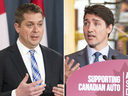 Conservative leader Andrew Scheer and Prime Minister Justin Trudeau on April 29, 2019. Neither was in the House of Commons on Monday.