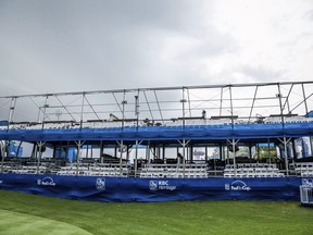 The roof was removed from the stands at the 18th hole to prevent damage as severe weather rolled in during the second round of the RBC Heritage golf tournament in Hilton Head Island, S.C., Friday, April 19, 2019.