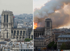 Screenshot of a slide comparing the Notre Dame cathedral before and after the April 15 fire.
