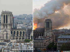 Screenshot of a slide comparing the Notre Dame cathedral before and after the April 15 fire.