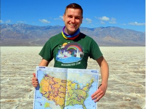 Mikah Meyer poses at Badwater Basin in Death Valley, California, at his 313th stop in a three-year tour of all 419 National Park Service sites.