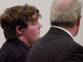 In this April 25, 2019 image made from video provided by WWNY/7 NEWS, Shane Piche, left, appears in court for sentencing in Watertown, N.Y. The former school bus driver Piche, was accused of raping a teenager at his residence and pled guilty to third-degree rape in February.