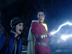 Jack Dylan Grazer as Freddy Freeman and Zachary Levi as Shazam.