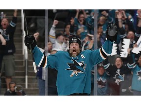San Jose Sharks' Joe Thornton (19) celebrates his goal against the Vegas Golden Knights during the first period of Game 2 of an NHL hockey first-round playoff series Friday, April 12, 2019, in San Jose, Calif.
