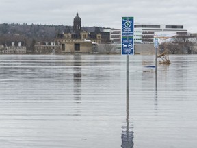 No parking signs are submerged in water of the St. John River in the Carleton Park in Fredericton on Monday April 22, 2019.