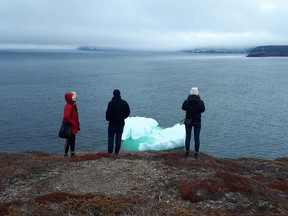 People check out an iceberg from Signal Hill in St.John's, N.L., Sunday, April 21, 2019.