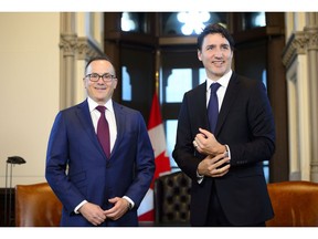 Prime Minister Justin Trudeau meets with Executive Chairman of Stelco Inc. Alan Kestenbaum in his office on Parliament Hill in Ottawa on Thursday, April 11, 2019.