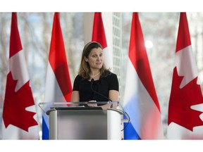 Chrystia Freeland, Minister of Foreign Affairs speaks at a joint media availability at the National Arts Centre in Ottawa on Wednesday, April 3, 2019.