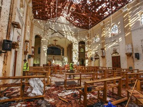 In this Sunday, April 21, 2019, a view of St. Sebastian's Church damaged in blast in Negombo, north of Colombo, Sri Lanka. Sri Lankan authorities blame seven suicide bombers of a domestic militant group for coordinated Easter bombings that ripped through Sri Lankan churches and luxury hotels which killed and injured hundreds of people. It was Sri Lanka's deadliest violence since a devastating civil war in the South Asian island nation ended a decade ago.