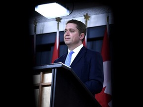 Conservative Leader Andrew Scheer speaks at the National Press Theatre in Ottawa on April 7, 2019.